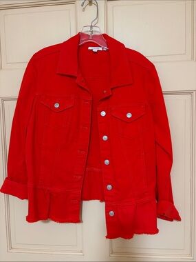 Chico's Bright Red Ruffle-Hem Denim Jacket